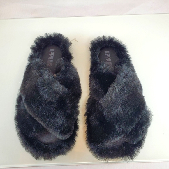 NWT$100 Apparis Black Faux Fur Biba Noir Slides Slip-on Slippers Sz 9 - Picture 11 of 16